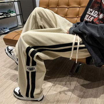 Side Striped Corduroy Baggy Pants Men Streetwear Korean Fashion Casual Hip Hop Vintage Cargo Pants Loose Trousers Joggers aidase-shop